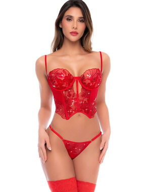 Mapale - 80052 - Embroidered Corset Lingerie Set - Scarlet Red